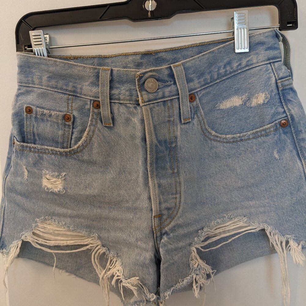 Levi 501 light denim blue jean cut off distressed short shorts